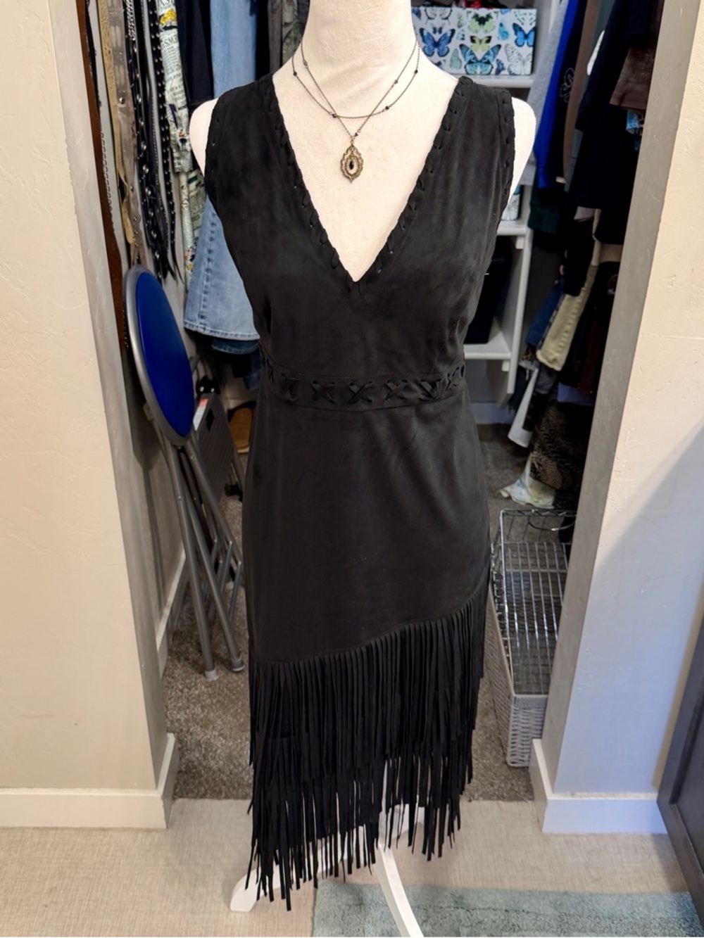 Idyllwind Black V-Neck Sleeveless Suede Fringe Midi Dress XL
